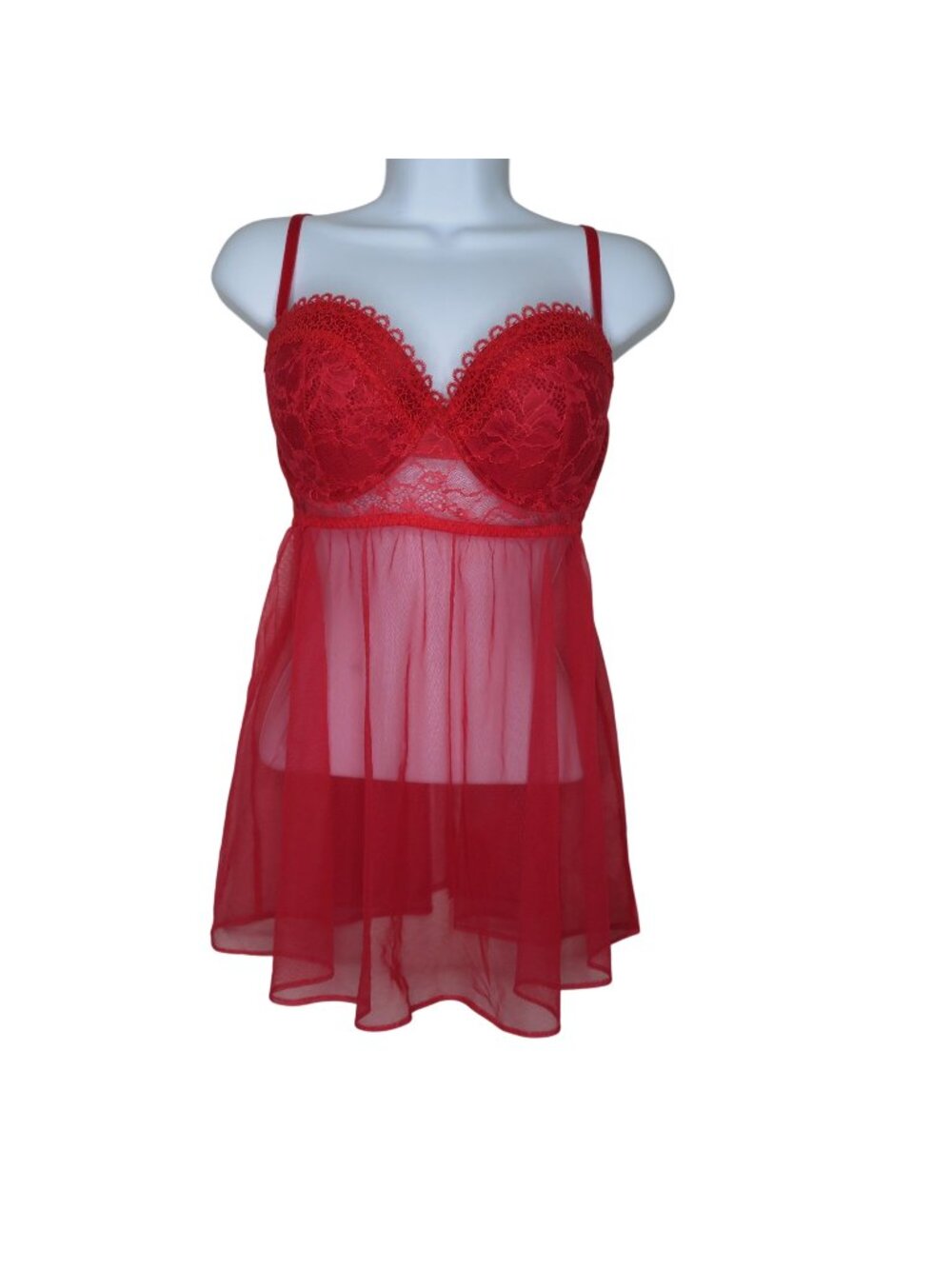 Victorias Secret Red Lace Sheer Babydoll Lingerie 36D Adjustable Straps